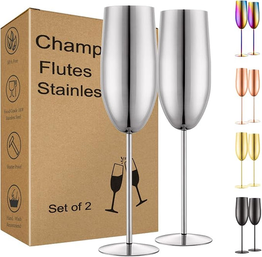 Champagne Glasses Set of 2 Stainless Steel Champagne Flutes Wedding Gifts for Bride 8.5 oz Unbreakable Champagne Glasses for Party Wedding Christmas Anniversary Brithday