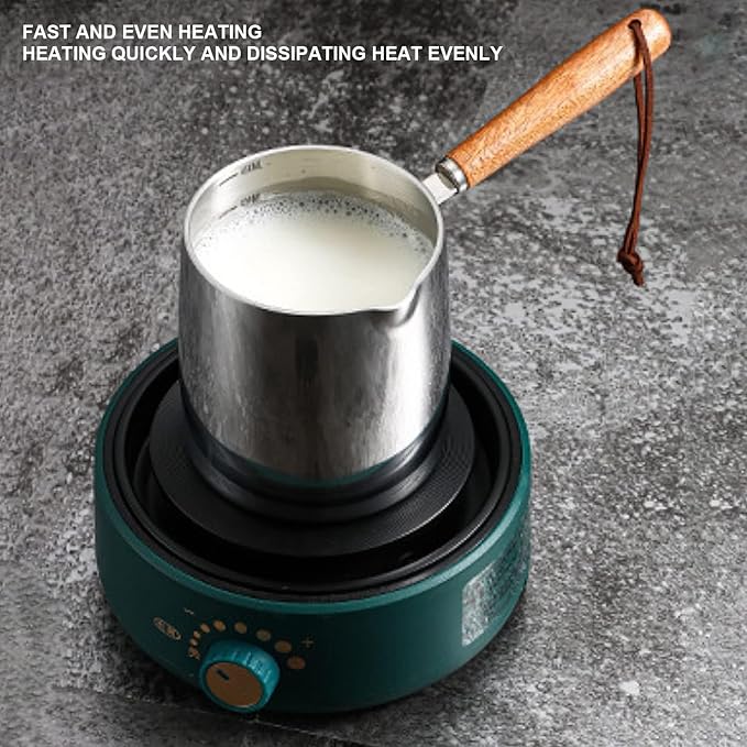 Stainless Steel Turkish Warmer Coffee and Butter Warmer - 450ml/15oz Milk Pot with Spout and Wooden Handle