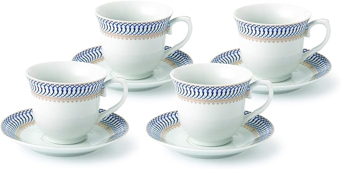 World Gifts Elegant Durable and Colorful Porcelain Tea-Coffee Cups and Saucers Set - Blue and Gold, 8 oz. Set of 4