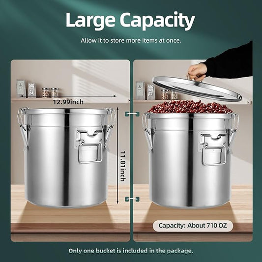 Stainless Steel Airtight Canister for Kitchen, 21L/5.54Gal Metal Food Storage Container Flour Bucket with Lid & Clamps, Bean Rice Cereal Canister Holder for Kitchen Restaurant, D13*H11.8in