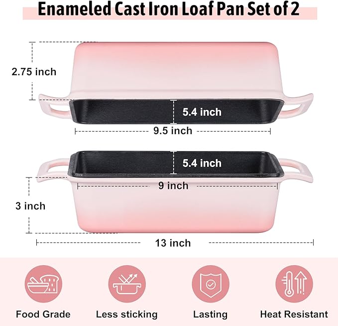 P&P CHEF 2 In 1 Enameled Cast Iron Loaf Pan with Lid, 9 x 5 Inch Bread Loaf Pans for Baking Homemade Sourdough Bread, Meatloaf, Toast, Cake, Nonstick & Healthy & Sturdy, 2 Piece Set - Pink