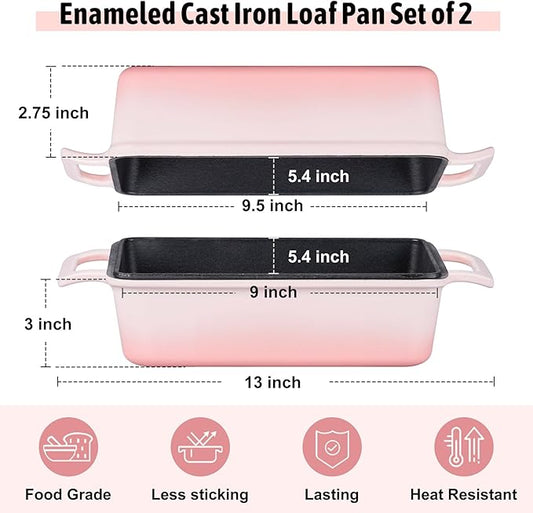 P&P CHEF 2 In 1 Enameled Cast Iron Loaf Pan with Lid, 9 x 5 Inch Bread Loaf Pans for Baking Homemade Sourdough Bread, Meatloaf, Toast, Cake, Nonstick & Healthy & Sturdy, 2 Piece Set - Pink