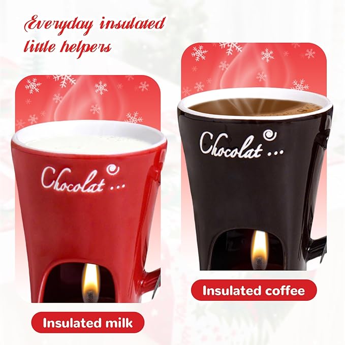 Mini Sweet Fondue Cup, Ceramic Coffee Warmer Mug, Portable Chocolate Melting Cup with Fork for Cheese, Great for Adult/Kids for Camping/Date/Movie Night/Birthday/Wedding Gifts (Red)