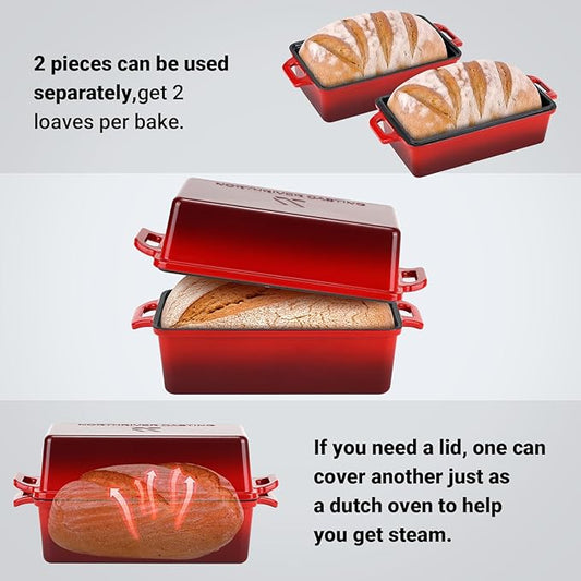 9x5 Inch Enameled Cast Iron Loaf Pan with Lid, Perfect Bread Baking Pan | Even Heat Distribution for Homemade Bread, Cake, Meatloaf,2 Piece set,Red