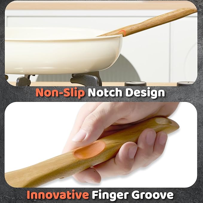 Wood Cooking Utensils Set, 5 PCS Wooden Spoons for Cooking Includes Stainless/Wood Kitchen Tongs, Natural Non-Stick Wooden Utensil Set with Innovative Finger Groove & Non-Slip Notch Design