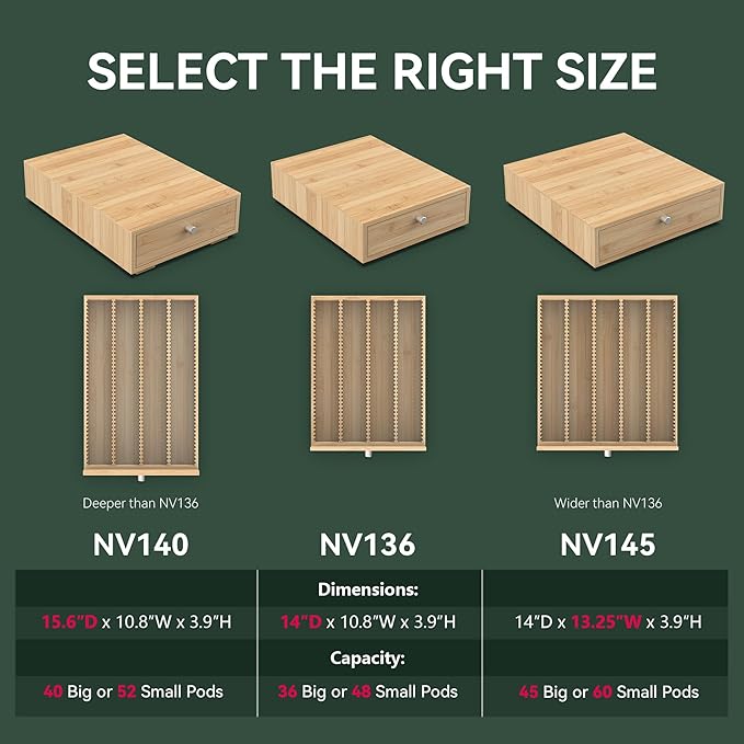 for Nespresso Vertuo Capsules (NV140) - Premium Bamboo Coffee Pod Drawer, 40 Big or 52 Small Vertuoline Pods Organizer Holder - 10.8"Wx15.6"Dx3.9"H (Natural)