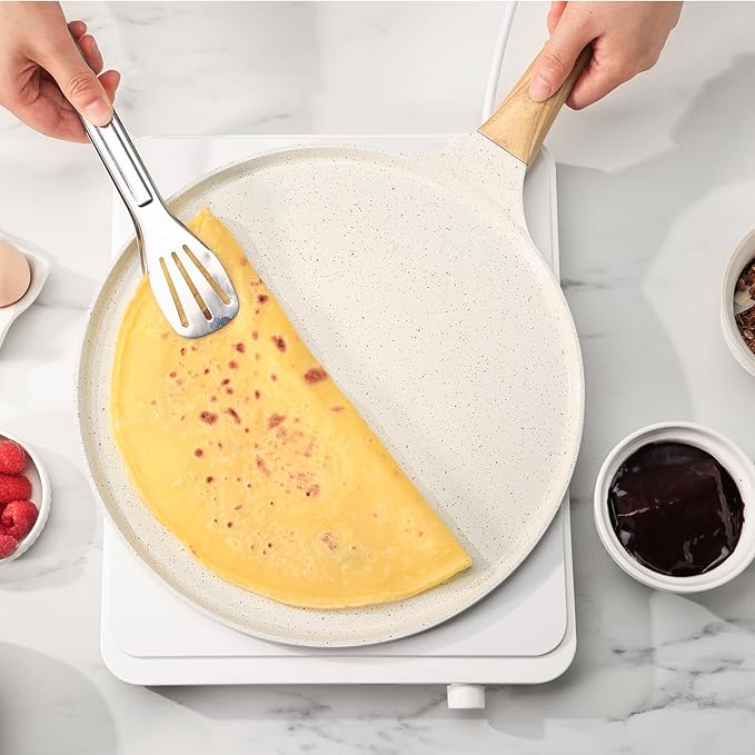 SENSARTE Nonstick Crepe Pan with Spreader, 12-Inch Natural Ceramic Coating Dosa Pan Pancake Flat Skillet Tawa Griddle with Stay-Cool Handle, Induction Compatible (White)