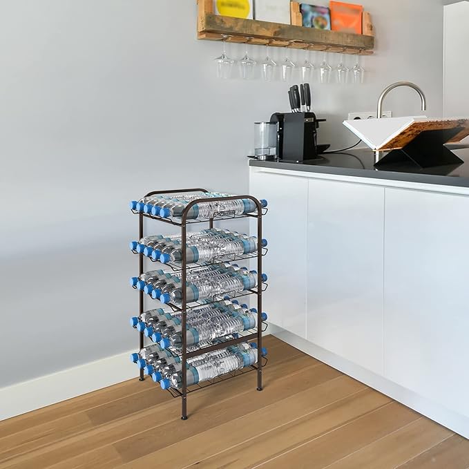 smusei 5 Tier Water Bottle Organizer Vertical Free Standing Storage Shelf Metal Beverage Rack Dispenser Large Capacity Bottled Water Holder Stand for Kitchen Party Pantry, Bronze