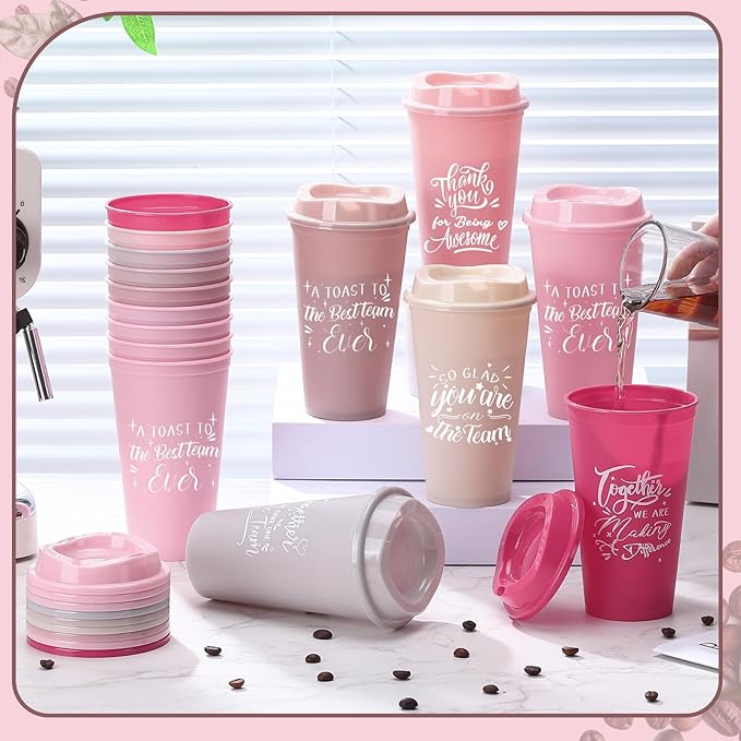 Pickmesh 15 Pcs Employee Appreciation Gifts Christmas Thank You Gift for Team Building 16 oz Teacher Plastic Coffee Cup with Lid Inspirational Travel Tumbler for Coworker Staff Pastor (Pink)