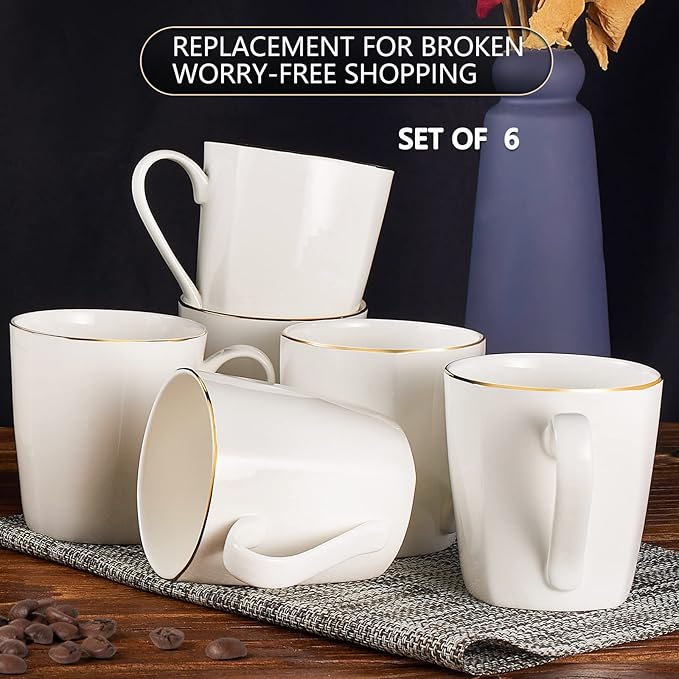 10 Oz White Bone China Coffee Mugs,Porcelain Tea Cups Ceramic Lightweight Set of 6, Luxury Mugs with Gold Trim for Espresso, Hot Cocoa, Cappuccino, Latte and Cold Drinks, Microwave Safe