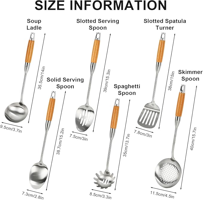 18/8 Stainless Steel Kitchen Utensils Set with Wood Handle, 6 Pcs 15 inch Cooking Utensils Tools, Turner, Ladle, Spoons & Pasta Server