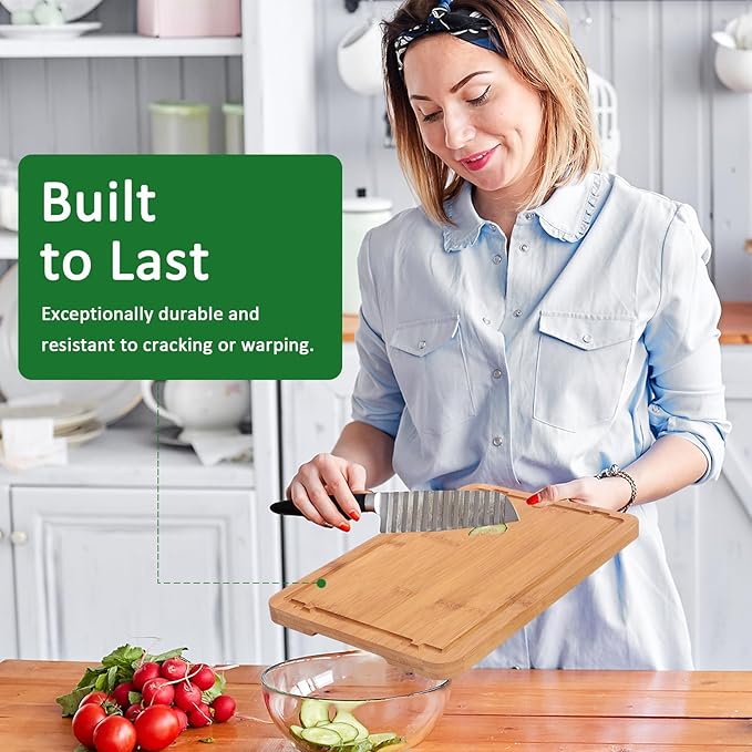 Bamboo Cutting Boards for Kitchen Meal Prep & Serving Set of 3, Wooden Chopping Boards with Juice Grooves & Handles for Meat, Vegetables Easy Clean Ideal Kitchen Gift for Home Cooks & Wedding