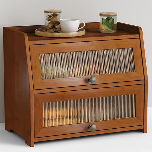 Walnut Brown Roll Top Bread Box for Kitchen Countertop, 2 Tier Large Bread Storage Container for Homemade Bread, 2 Door Wooden Breadbox Holder Keeper for Sourdough Loaf Storage (Bamboo Wood)