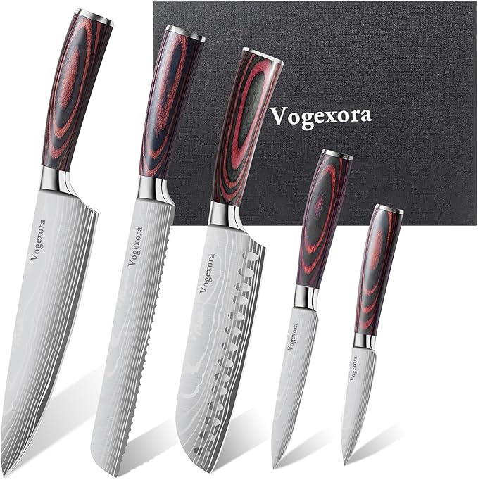 5 Pcs Chefs Kitchen Sharp Knife Set - Japanese Professional Cooking Cutting Knives for Meat Vegetable Bread and Paring, High Carbon Stainless Steel Santoku