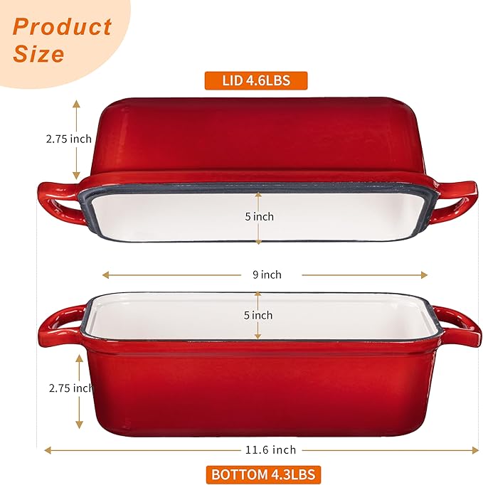 GRMImosa 2 in 1 Cast Iron Loaf Pan wiht Lid, Bread Loaf Pans for Baking Bread 9x5, Sourdough Bread Baking Pan for Homemade Bread, Meatloaf, Cherry