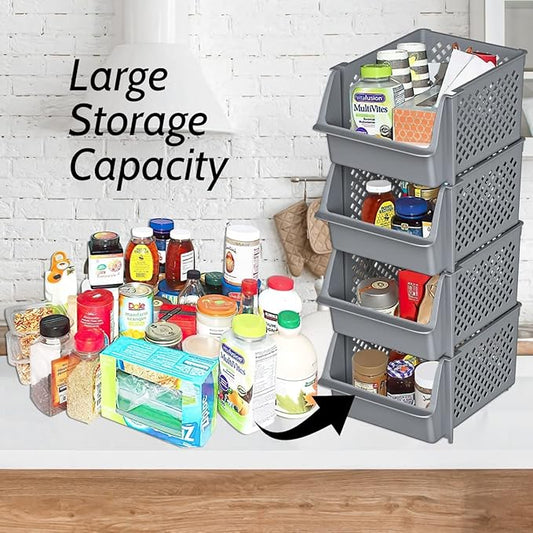 TidyFriend Stackable Storage Bins for Closet Organizers and Storage 4 Pack, Garage Storage Bin Stackable, Bathroom and Garage Organizer (Grey)