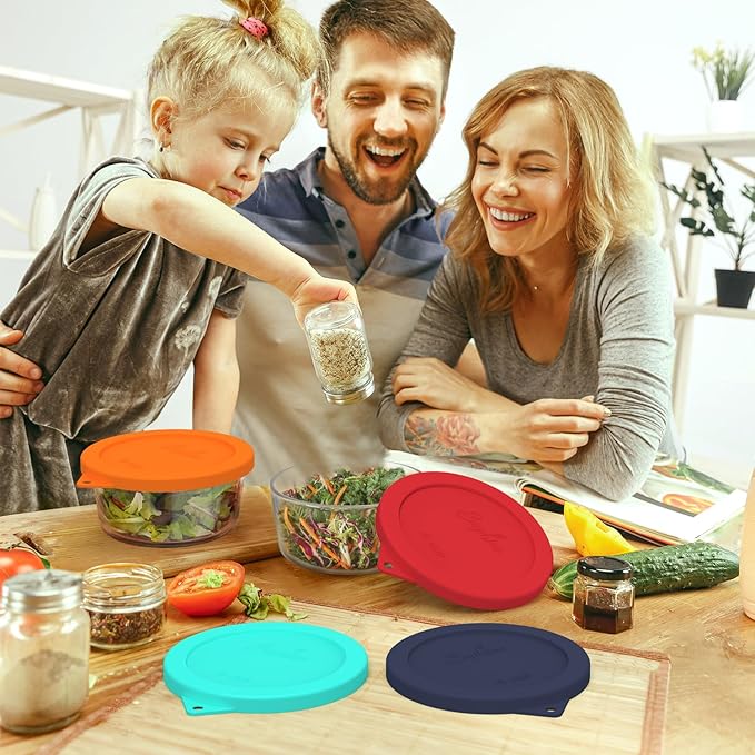 Sophico 4 Cup Round Silicone Storage Cover Lids Replacement for Anchor Hocking and Pyrex 7201-PC Glass Bowls (Container not Included) (Mix) 4 Pack