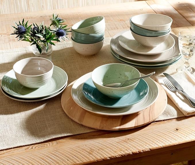 Sango Siterra Artist's Blend 16-Piece Stoneware Dinnerware Set – Service for 4, Mixed Glossy Finish with Unique Speckled Design, for Everyday Dining & Entertainment, Dishwasher & Microwave Safe