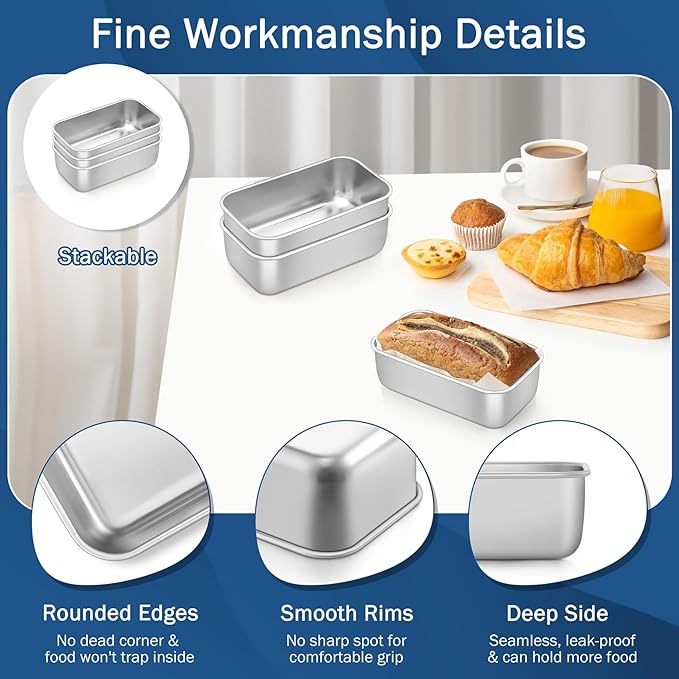 TeamFar Mini Loaf Pan, 3 PCS Stainless Steel Loaf Pans for Baking Bread, 6.3 x 3.5 Inch Bread Baking Pan for Homemade Bread, Meatloaf, Cake and Brownies, Non-Toxic, Oven & Dishwasher Safe