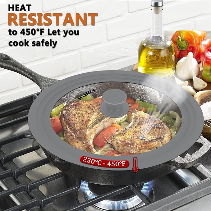 Universal Lid for Pots, Pans and Skillets - Walfos Tempered Glass Pan Lid with Heat Resistant Silicone Rim, BPA Free Large Pot Lids Fits 11", 12" and 12.5" Diameter Cookware, Dishwasher-Safe, Grey
