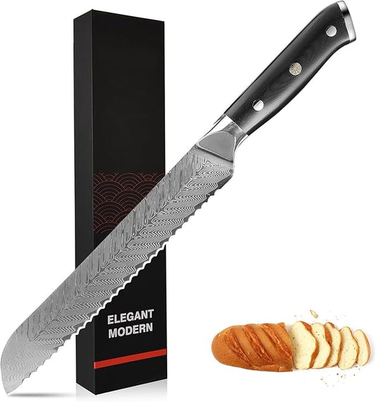 Arisman 8 Inch Bread Knife, Japanese Damascus Steel Chef Knife, Sharp VG10 Kitchen Slicing Knife with Feather Pattern Blade and Full Tang Ergonomic G10 Handle