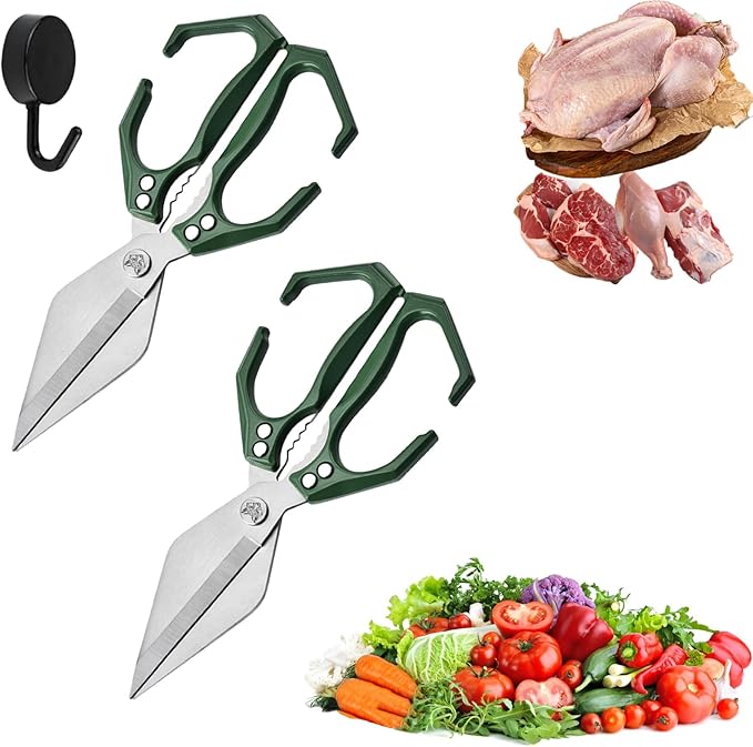 Seattleget Multifunctional Heavy-Duty Kitchen Shears, High-Carbon Steel 9.25" Multipurpose Kitchen Scissors for Chicken, Meat & Veggies, Ergonomic Non-Slip Handle, Built-in Nut Cracker (Green*2)