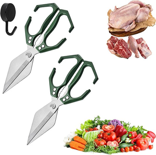 Seattleget Multifunctional Heavy-Duty Kitchen Shears, High-Carbon Steel 9.25" Multipurpose Kitchen Scissors for Chicken, Meat & Veggies, Ergonomic Non-Slip Handle, Built-in Nut Cracker (Green*2)