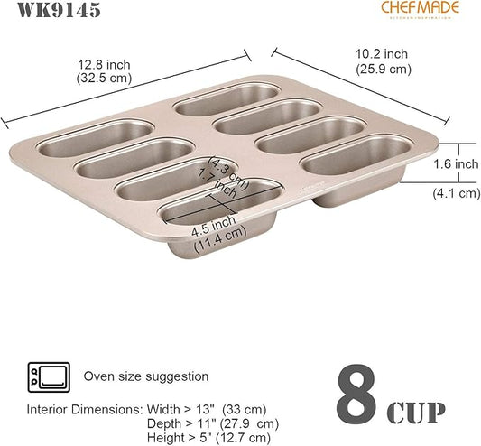 CHEFMADE Twinkie Cake Pan, 8-Cavity Non-Stick Mini Hotdog-Shaped Muffin Eclair Bakeware for Oven Baking (Champagne Gold)
