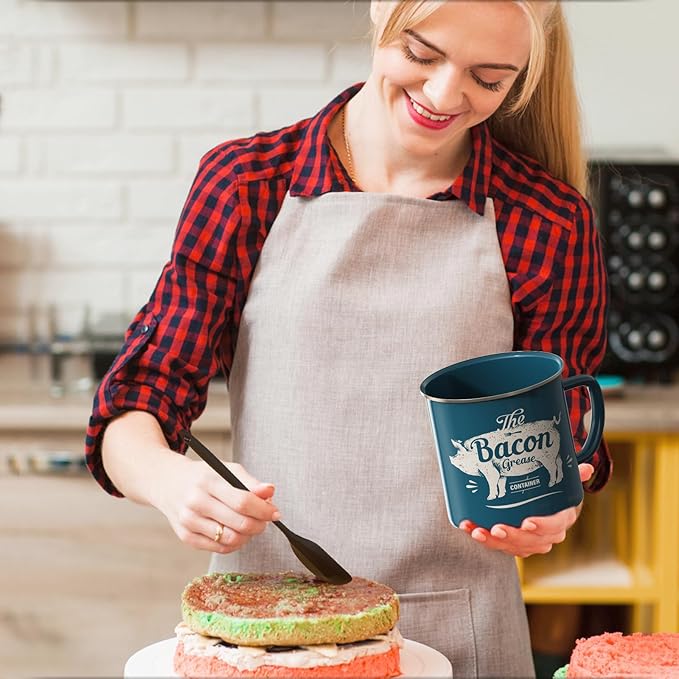 Bacon Grease Container With Strainer, 46OZ Large Enamel Grease Container, With Silicone Spatula, Farmhouse Bacon Grease Keeper, Cooking Oil Container For Kitchen Fat Storage, Dishwasher Safe-Blue