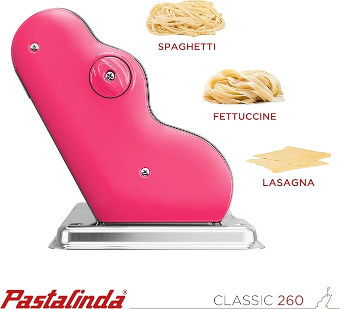 PASTALINDA Classic 260 Pasta Maker Machine, 26 cm Wide Rollers, 9 Thickness Positions, 2 Cutting Positions, Stainless Steel. Includes Reinforced Hand Crank And Two Clamps (Fuchsia)