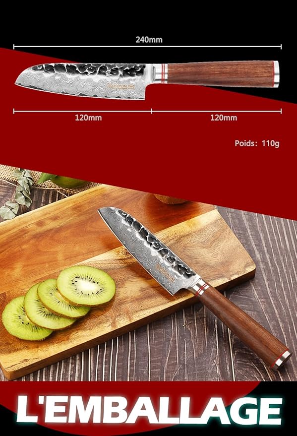 YOUSUNLONG Santoku Knife Chef Knife 5 Inch Asian Knife Japanese Hammered Damascus Steel Ultra Sharp Blade Natural Walnut Wooden Handle