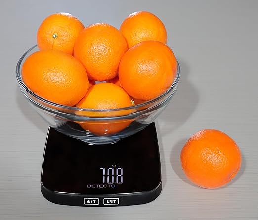 DETECTO Digital Kitchen Scale, Highly Accurate, Compact Glass Platform, Easy-to-Read Display, USB Rechargeable, 22 lb Capacity, Black/White (Black)