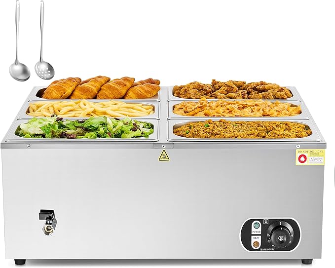 WILPREP Double-Well Commercial Food Warmer with Six 1/3 Pans, Electric Warmer for Food with Adjustable Temp & Automatic Shutoff, Stainless Steel Food Heating Unit for Buffet Food Truck Hotel More