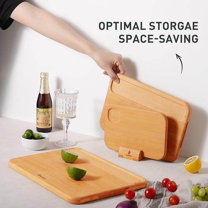 3 Packs Bamboo Cutting Board Set with Holder Wood Cutting Boards for Kitchen with Juice Grooves Built-in Handles, Ideal Charcuterie & Chopping for Meat Vegetables Fruits Kitchen Gift for Home Cooks