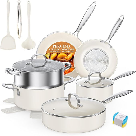 PekGema Ceramic Pots and Pans Set, 16 Pcs Cookware Set Non Toxic, Nonstick Kitchen Cookware, Oven Safe Cooking Pan Set, PFAS PTFE PFOA FREE, Cream White