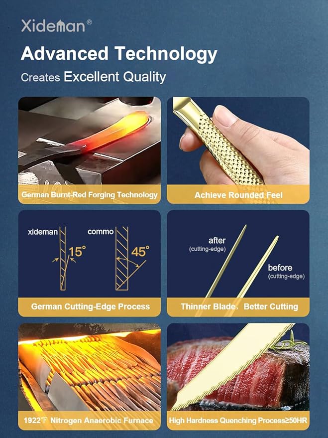 16-Piece Modern Champagne Gold Hammered Silverware Set with Ultra Sharp 2-IN-1 Serrated Knive, Golden 18/10 Stainless Steel Flatware Set, Utensil Cutlery Set for 4 Person, Forks Spoons Knives