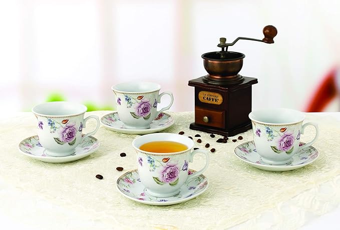 World Gifts Elegant Durable and Colorful Porcelain Tea Cup and Saucer Set with Metal Stand - Purple Flower, 8 oz. Set of 4