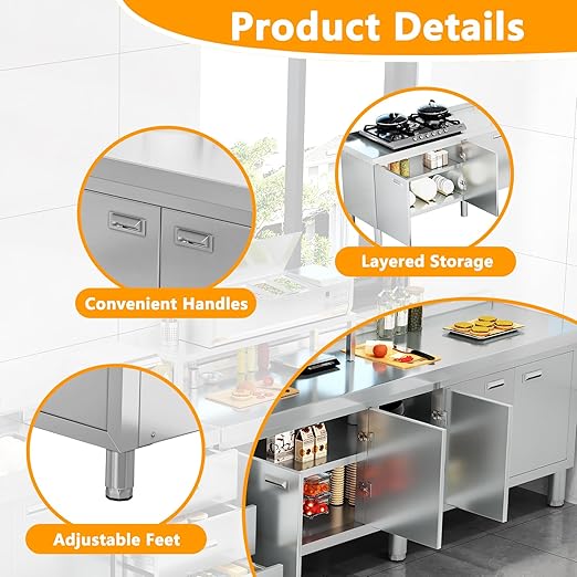 WWK 70" x 21" Stainless Steel Table with Cabinet, Commercial Kitchen Table for Prep & Work, Heavy Duty Work Cabinet with 5 Doors for Outdoor, Kitchen, Restaurant, Hotel, Garage and Cafe