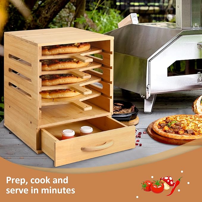 Wood Pizza Peel Rack with Spice Drawer,Includes 4 x 12 Inch Non-Stick Bamboo Pizza Boards with 6 Slice Grooves,Real Wood Pizza Paddle Stand for Making Pizza or Bread Pie