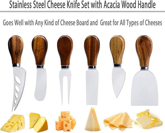 Cheese Knives Set, 6-Piece Stainless Steel Cheese Knife Collection with Cheese Slicer Cheese Cutter Cheese Fork,Cheese Spreading Knife for Charcuterie Boards and Cutlery Gift Set