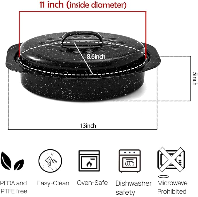 Enamel Roasting Pan With Lid and Rack 13" 18"Granite Roaster Pans Set With Rack Suitable Cooking Poultry Baking Turkey Bread Beef Resists Up to 932°F,Dishwasher Safe,Holiday Gifts CookWare