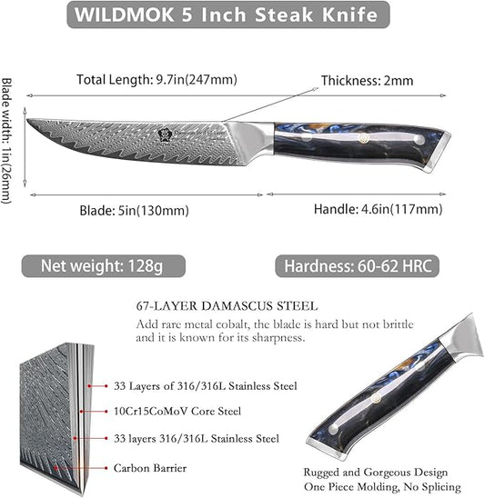 WILDMOK Steak Knives, 5 inch Non Serrated Steak Knife Set of 4, Japanese Damascus VG10 Steel Steak Knives,Premium Steak Knives Set with Gift Box