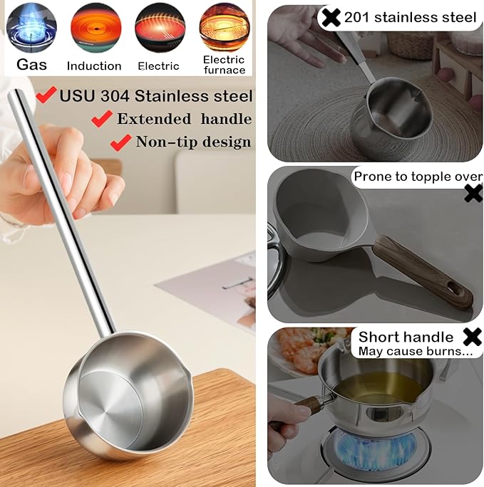 Mini Butter Warmer Pot, Milk Pot with Long Handle Sauce Pan with Pour Spout, Butter Melting Pots with Silicone Spatula for Chocolate,Candy,Coffee Tea Soup, 500ML, Silver
