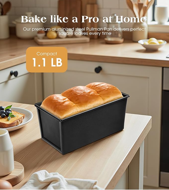 Pullman Loaf Pan with Lid, 9×4 Inch Nonstick Aluminized Steel Bread Pan, 1.1 lb for Homemade Sandwich Bread