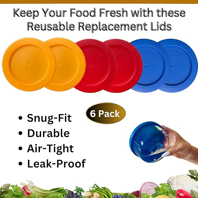 2 Cup/470 mL Orange, Red, Blue Replacement Lids/Covers for Pyrex 7200-PC, 2 Cup/16oz Anchor Hocking & Klare Ware Storage Bowls *Lids Only* - *Glass Container Not Included* (6 Pack, Orange, Red, Blue)
