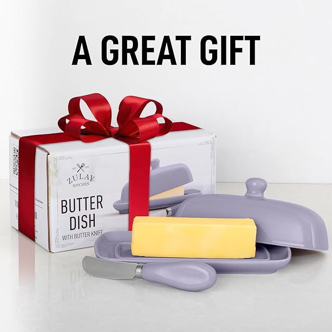 Zulay Butter Dish With Lid For Countertop - Porcelain White, Ceramic Butter Dish with Knob Handle Great for Cooking - Elegant Design Butter Holder - Durable & Sturdy Butter Keeper - Periwinkle