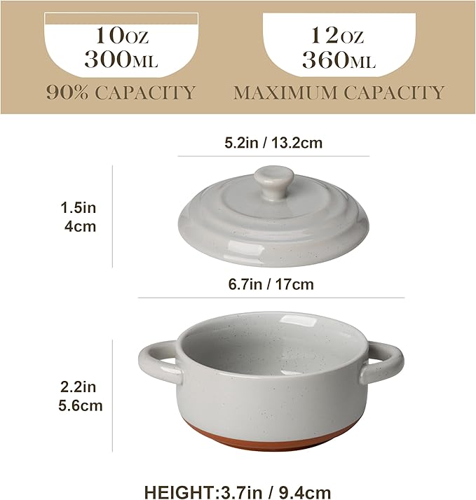 MALACASA Mini Cocotte Set - 12 OZ Ramekins with Lids and Handles, Small Casserole Dishes for Oven, Ceramic Small Baking Dish Set of 4, Microwave & Dishwasher Safe, Khaki Grey, Series TARA
