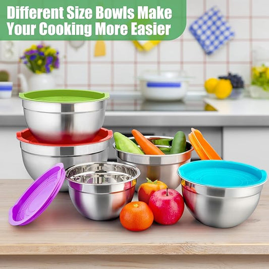 P&P CHEF Mixing Bowls with Airtight Lids Set of 5, 10-Piece Stainless Steel Mixing Nesting Bowl, Metal Bowl with Lid for Kitchen Prepping & Storing, Size 4.6, 3, 1.5, 1, 0.7 QT, Multicolor