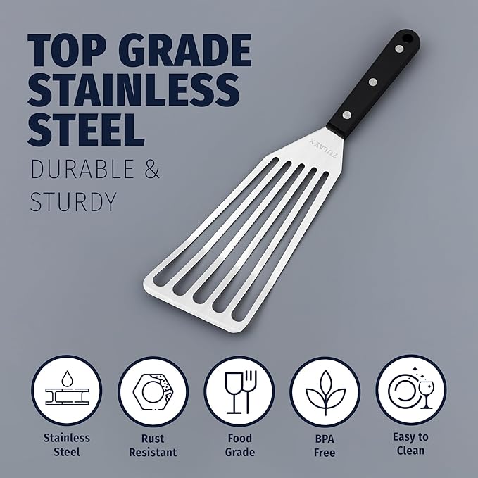 Zulay Kitchen Fish Spatula Stainless Steel - Spatulas for Non-Stick Cookware - Slotted Stainless Spatula - Easy to Clean Turner 12.4
