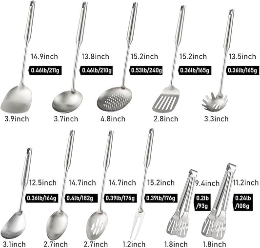 18/10 Stainless Steel Kitchen Utensils Set - 15” All Metal Cooking Tools, 11PCS - 2 Tongs, Fork, Solid Spoon, Slotted Spoon, Spatula, Soup Ladle, Skimmer, Slotted Spatula, Spaghetti Spoon, Large Spoon